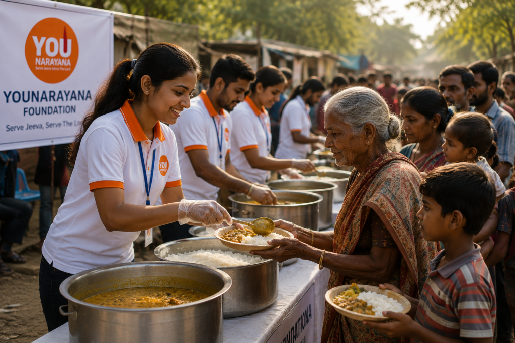 Volunteers of You Narayana Foundation wearing white and orange uniforms serving food from large pots to elderly women and children at a charity camp.