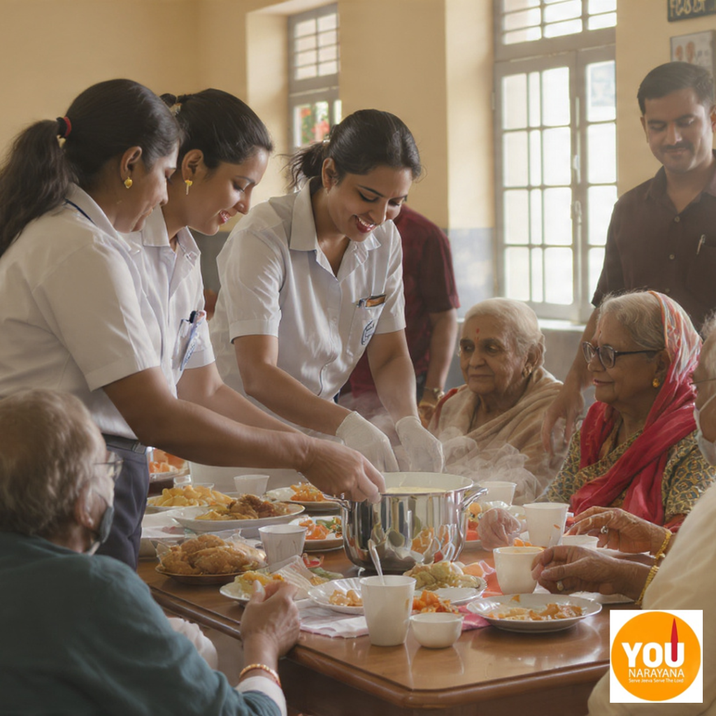 Volunteers of You Narayana Foundation wearing white and orange uniforms serving food from large pots to elderly women and children at a charity camp.